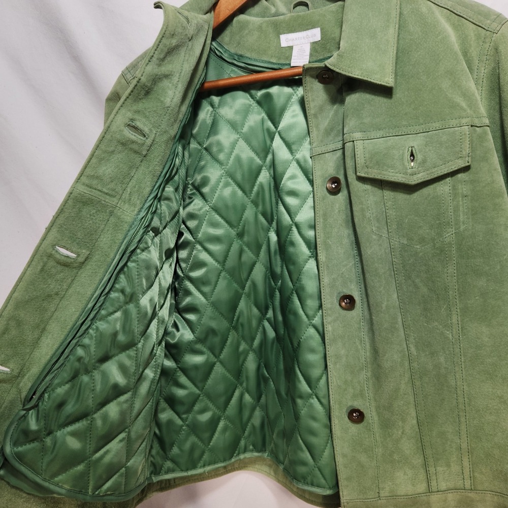 Charter Club Womens Jacket Size Small Green  Suede Leather Quilted Lined - Picture 3 of 7
